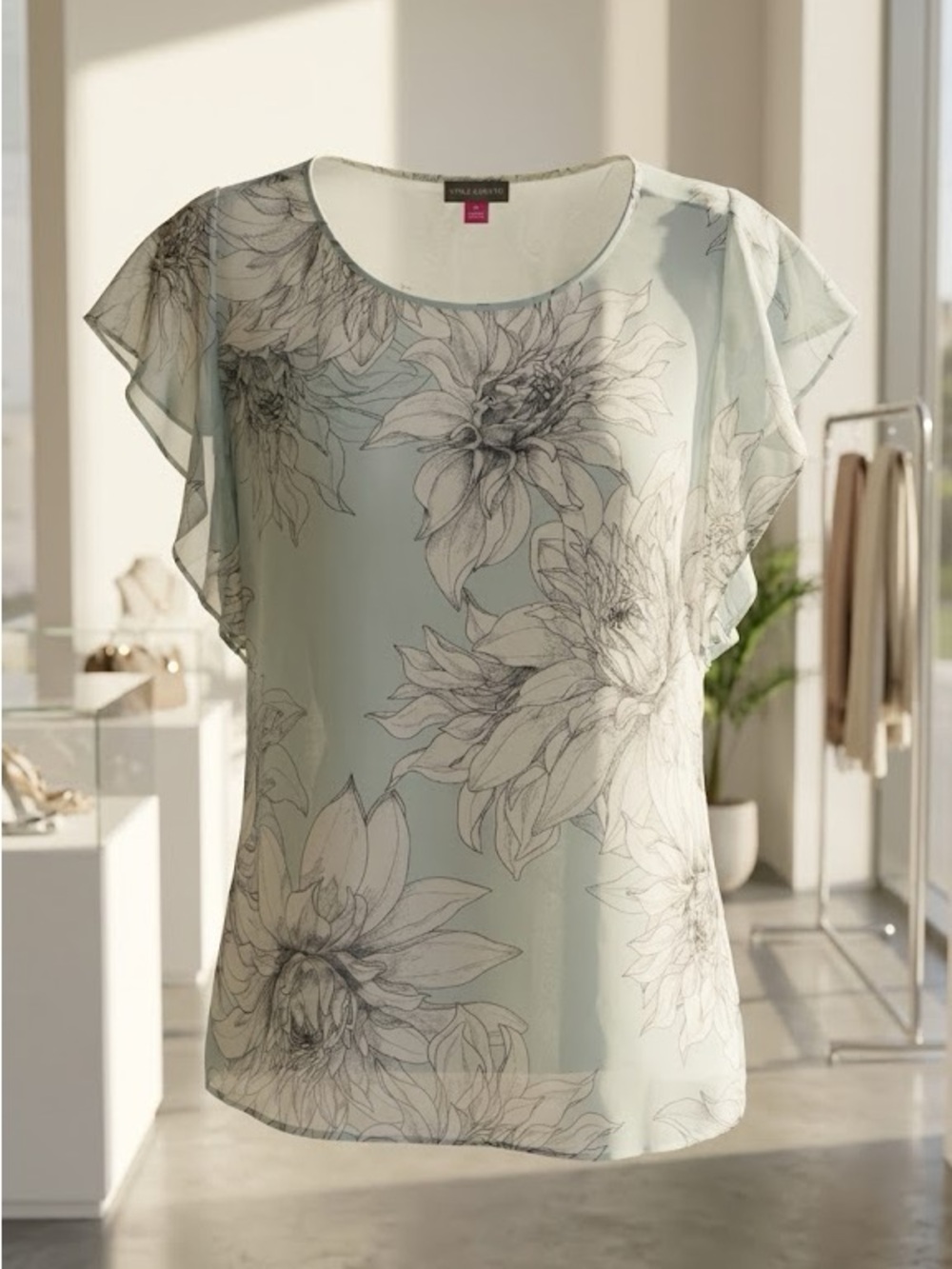 Vince Camuto Floral Flutter-Sleeve Top | Medium